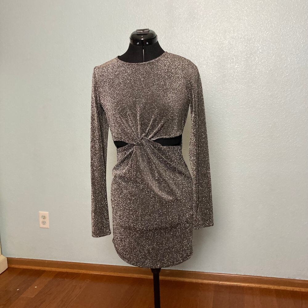 M LELIS Stretchy cut out long sleeve mini silver dress glitter bodycon party